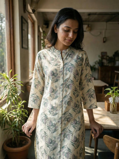 Lily Cream Viscose Kurta Set with Green Leaf Print