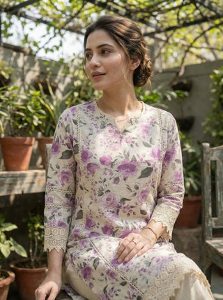 Hazel Purple Floral Printed Cotton Kurta Set with Crochet Lace Detailing