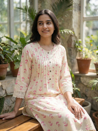 Lily Pink Printed Viscose Kurta Set with Abstract Buta Motifs and Lace Sleeve Detailing