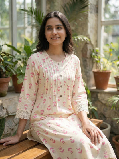 Lily Pink Printed Viscose Kurta Set with Abstract Buta Motifs and Lace Sleeve Detailing