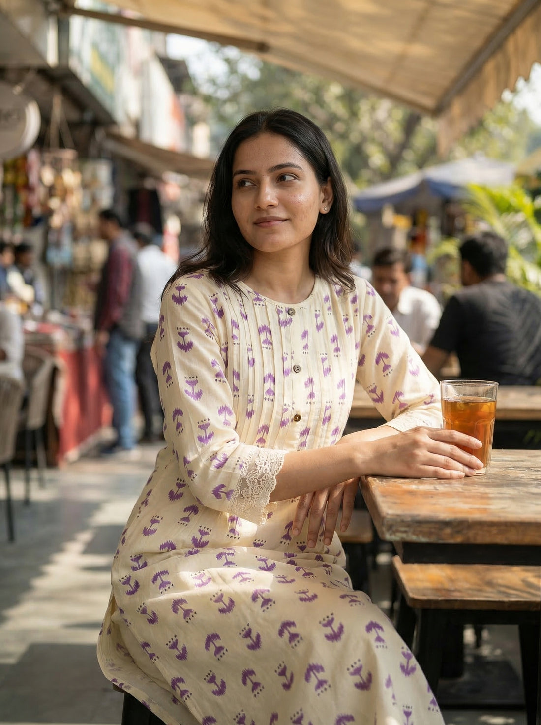 Lily Purple Printed Viscose Kurta Set with Abstract Buta Motifs and Lace Sleeve Detailing