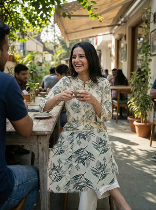 Lily Cream Viscose Kurta Set with Green Leaf Print