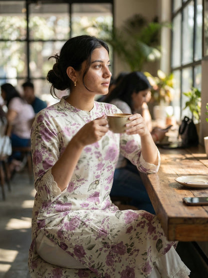 Lily Meadow Purple Floral Viscose Kurta Set with Elegant Lace Accents