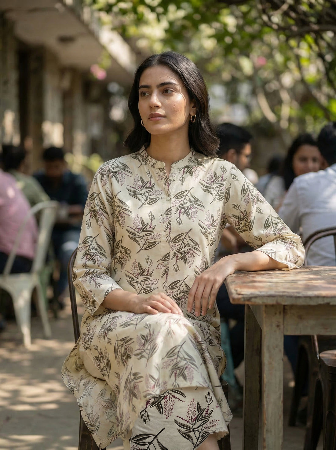 Lily Cream Viscose Kurta Set with Olive Leaf Print