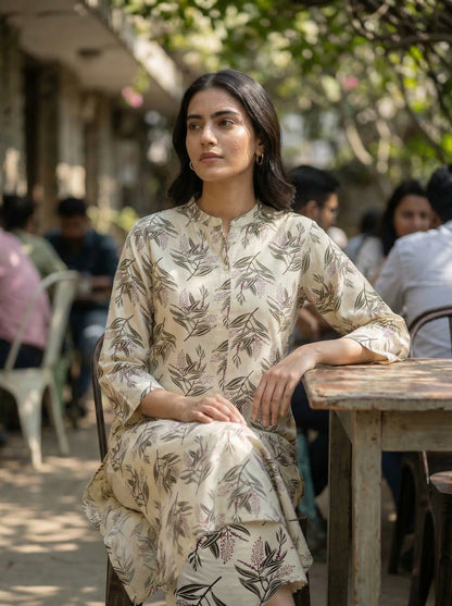 Lily Cream Viscose Kurta Set with Olive Leaf Print