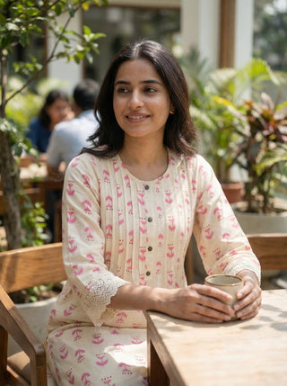 Lily Pink Printed Viscose Kurta Set with Abstract Buta Motifs and Lace Sleeve Detailing