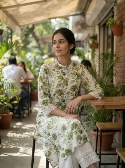 Lily Meadow Green Floral Viscose Kurta Set with Elegant Lace Accents