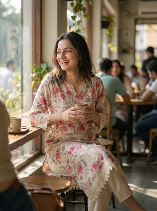 Hazel Pink Floral Printed Cotton Kurta Set with Crochet Lace Detailing