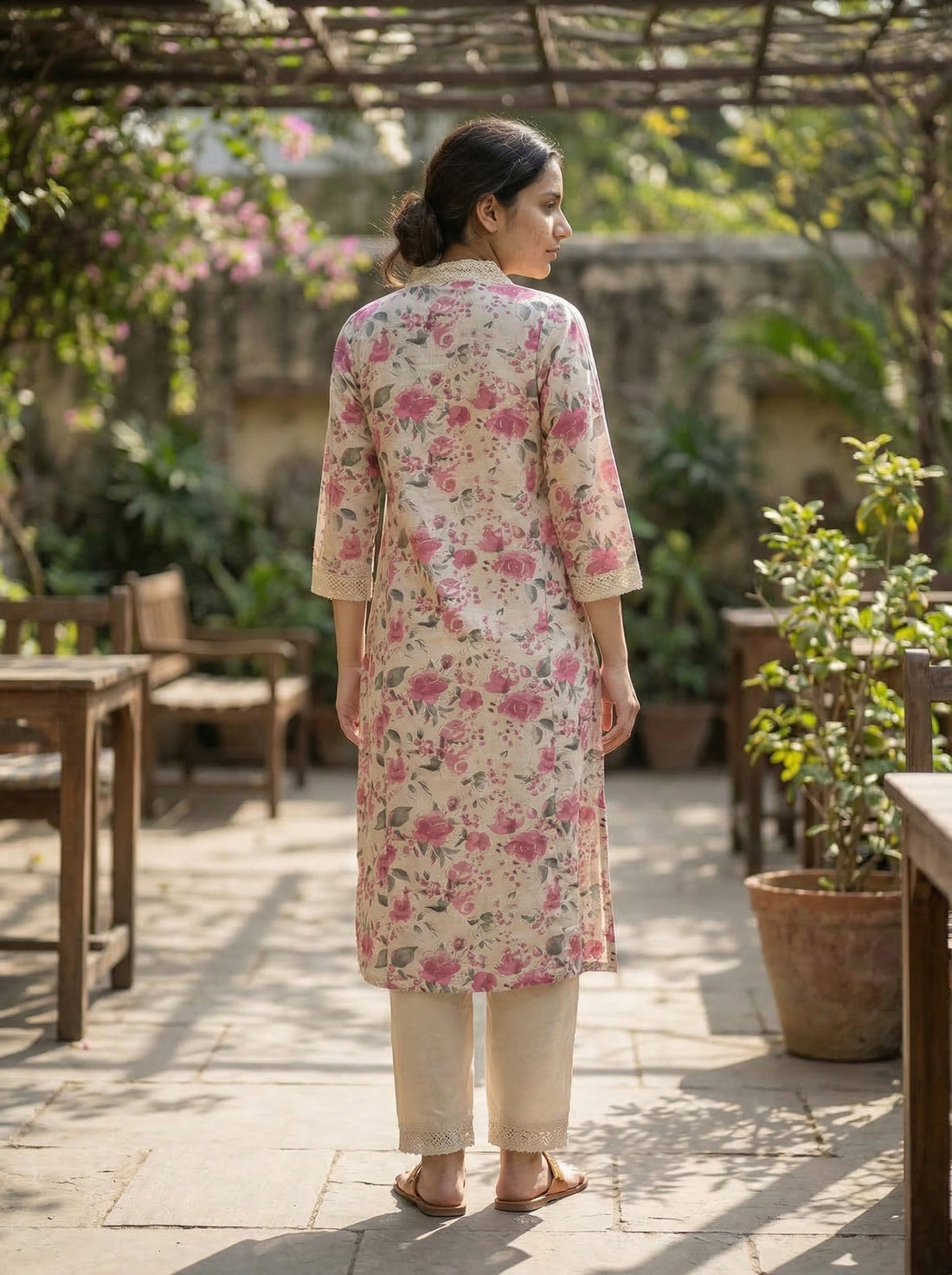 Pure Cotton Hazel Pink Floral Printed Kurta Set with Crochet Lace Detailing
