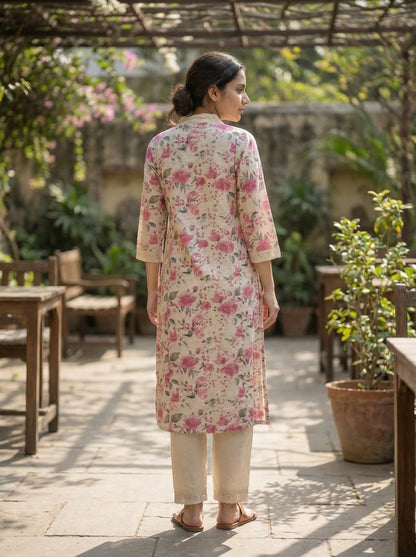 Pure Cotton Hazel Pink Floral Printed Kurta Set with Crochet Lace Detailing