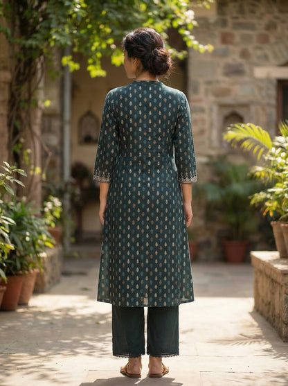 Lily Bottle Green Printed Viscose Kurta Set with Leaf Buta Motifs and Embroidered Sleeve Border