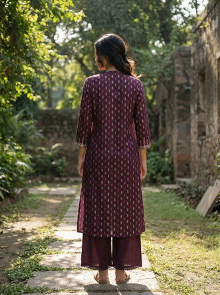 Lily Wine Printed Viscose Kurta Set with Leaf Buta Motifs and Embroidered Sleeve Border