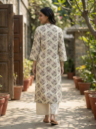 Lily Cream Viscose Kurta Set with Olive Leaf Print