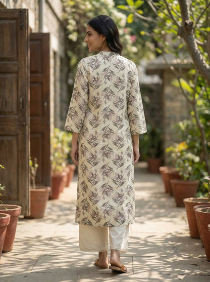 Lily Cream Viscose Kurta Set with Olive Leaf Print