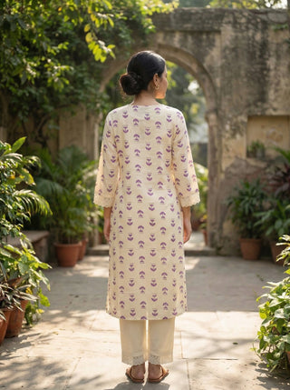 Lily Purple Printed Viscose Kurta Set with Abstract Buta Motifs and Lace Sleeve Detailing