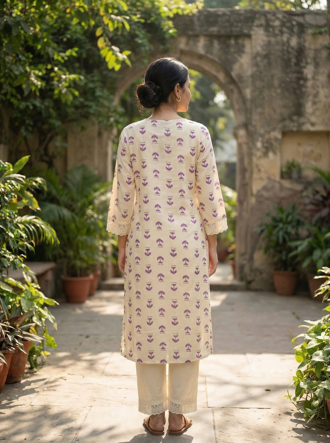 Lily Purple Printed Viscose Kurta Set with Abstract Buta Motifs and Lace Sleeve Detailing