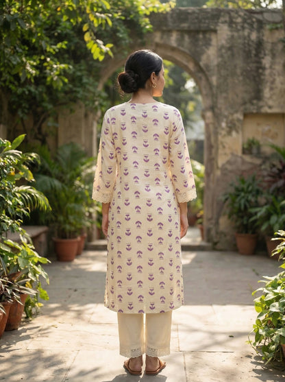 Lily Purple Printed Viscose Kurta Set with Abstract Buta Motifs and Lace Sleeve Detailing
