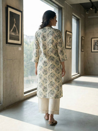 Lily Cream Viscose Kurta Set with Green Leaf Print