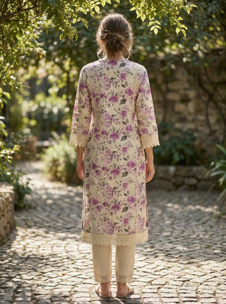 Hazel Purple Floral Printed Cotton Kurta Set with Crochet Lace Detailing