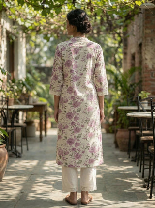 Lily Meadow Purple Floral Viscose Kurta Set with Elegant Lace Accents