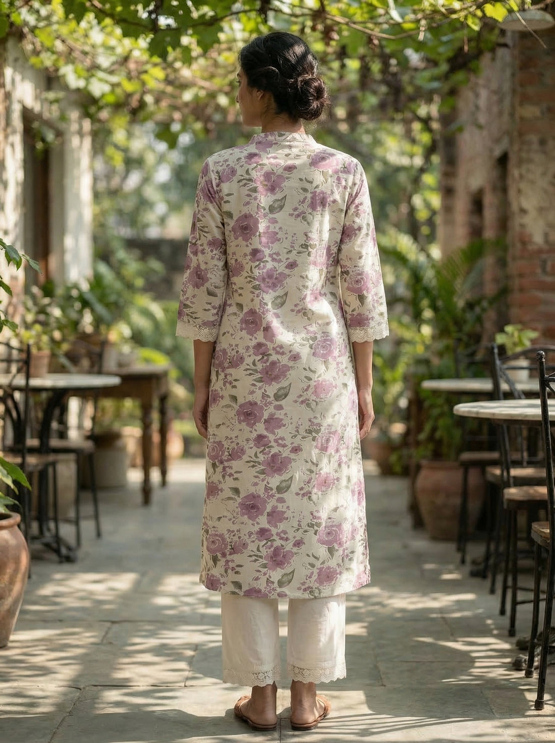 Lily Meadow Purple Floral Viscose Kurta Set with Elegant Lace Accents