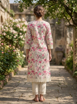 Hazel Pink Floral Printed Cotton Kurta Set with Crochet Lace Detailing