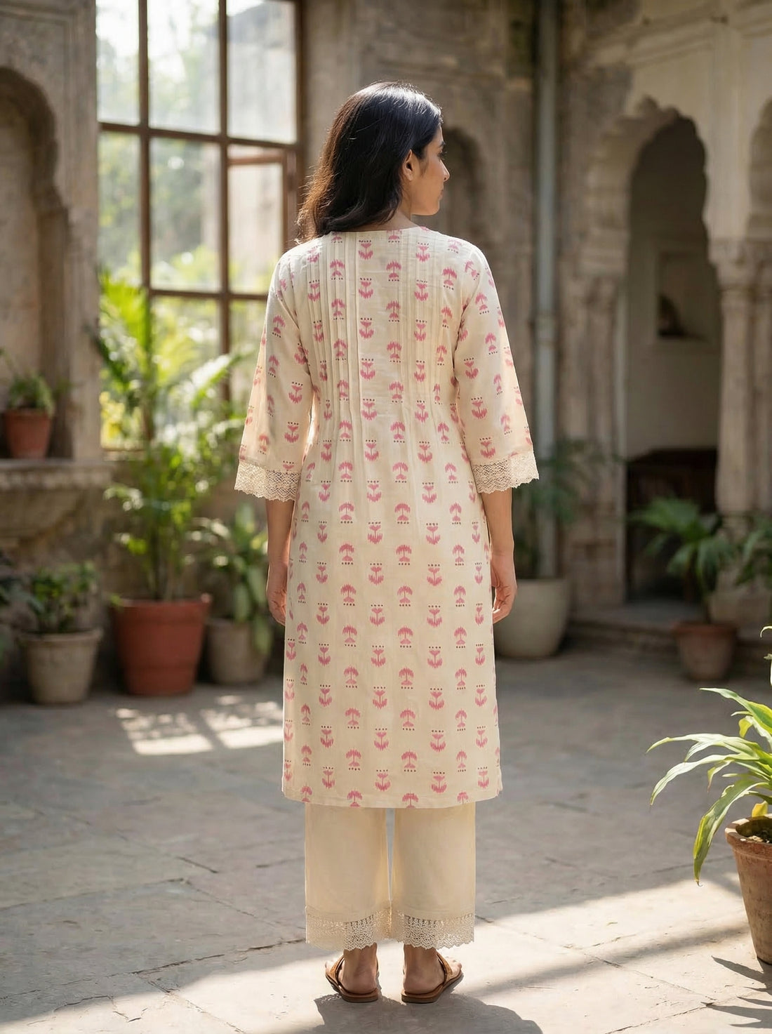 Lily Pink Printed Viscose Kurta Set with Abstract Buta Motifs and Lace Sleeve Detailing