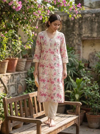 Pure Cotton Hazel Pink Floral Printed Kurta Set with Crochet Lace Detailing