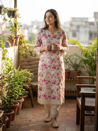 Hazel Pink Floral Printed Cotton Kurta Set with Crochet Lace Detailing