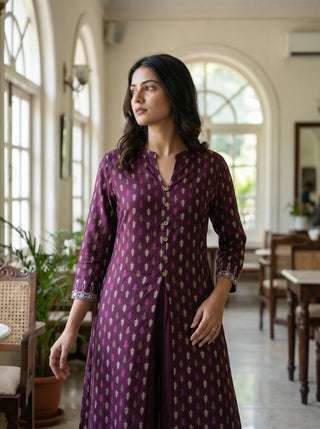Lily Wine Printed Viscose Kurta Set with Leaf Buta Motifs and Embroidered Sleeve Border
