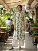 Lily Meadow Green Floral Viscose Kurta Set with Elegant Lace Accents