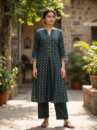Lily Bottle Green Printed Viscose Kurta Set with Leaf Buta Motifs and Embroidered Sleeve Border
