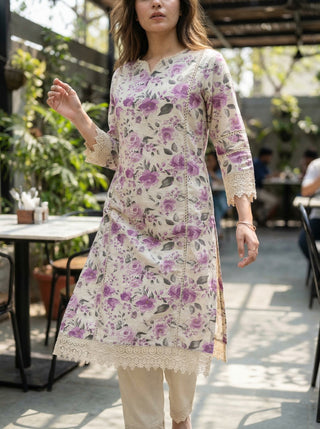 Hazel Purple Floral Printed Cotton Kurta Set with Crochet Lace Detailing