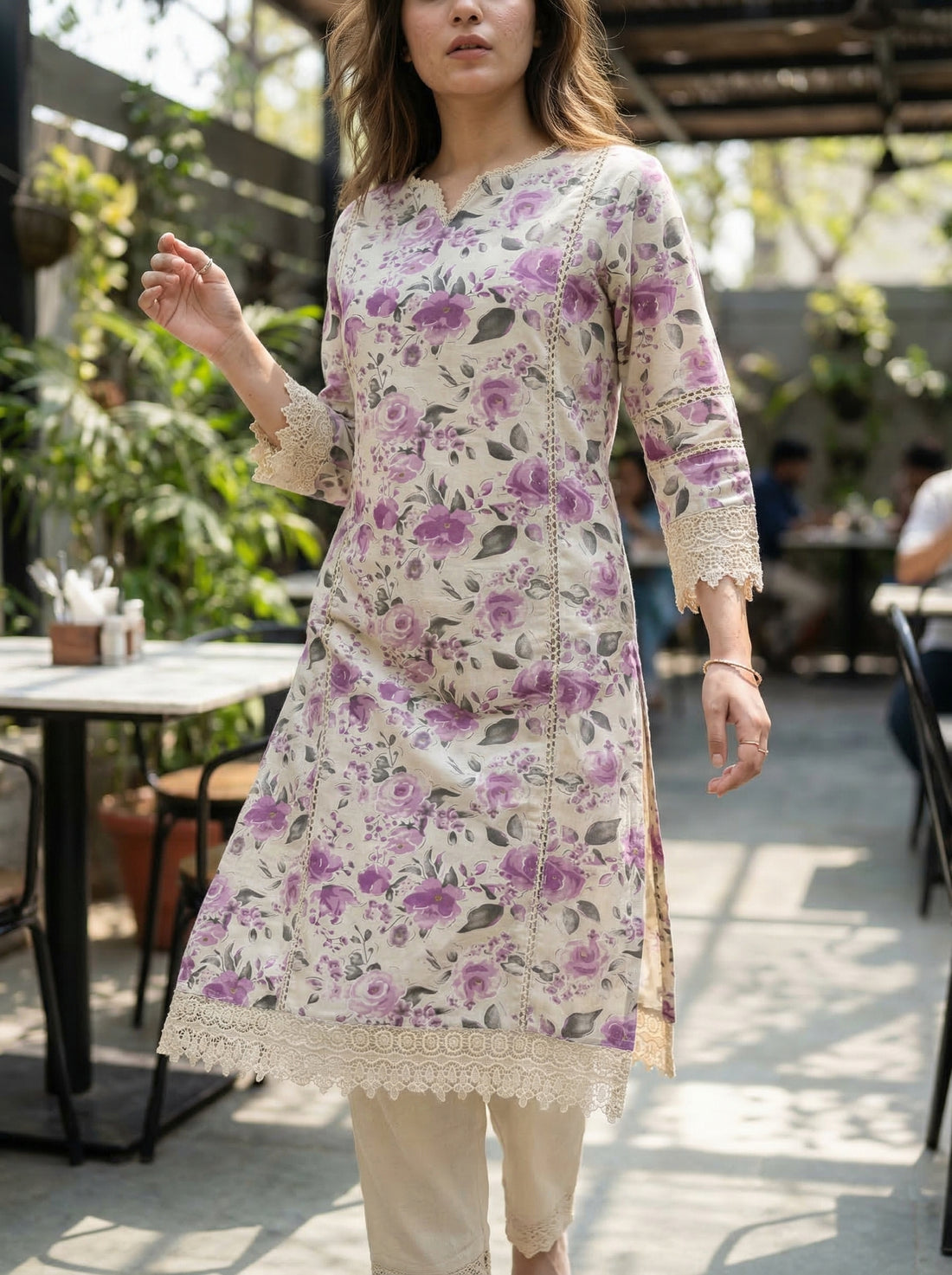 Hazel Purple Floral Printed Cotton Kurta Set with Crochet Lace Detailing