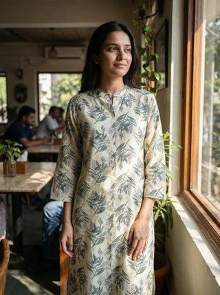 Lily Cream Viscose Kurta Set with Green Leaf Print