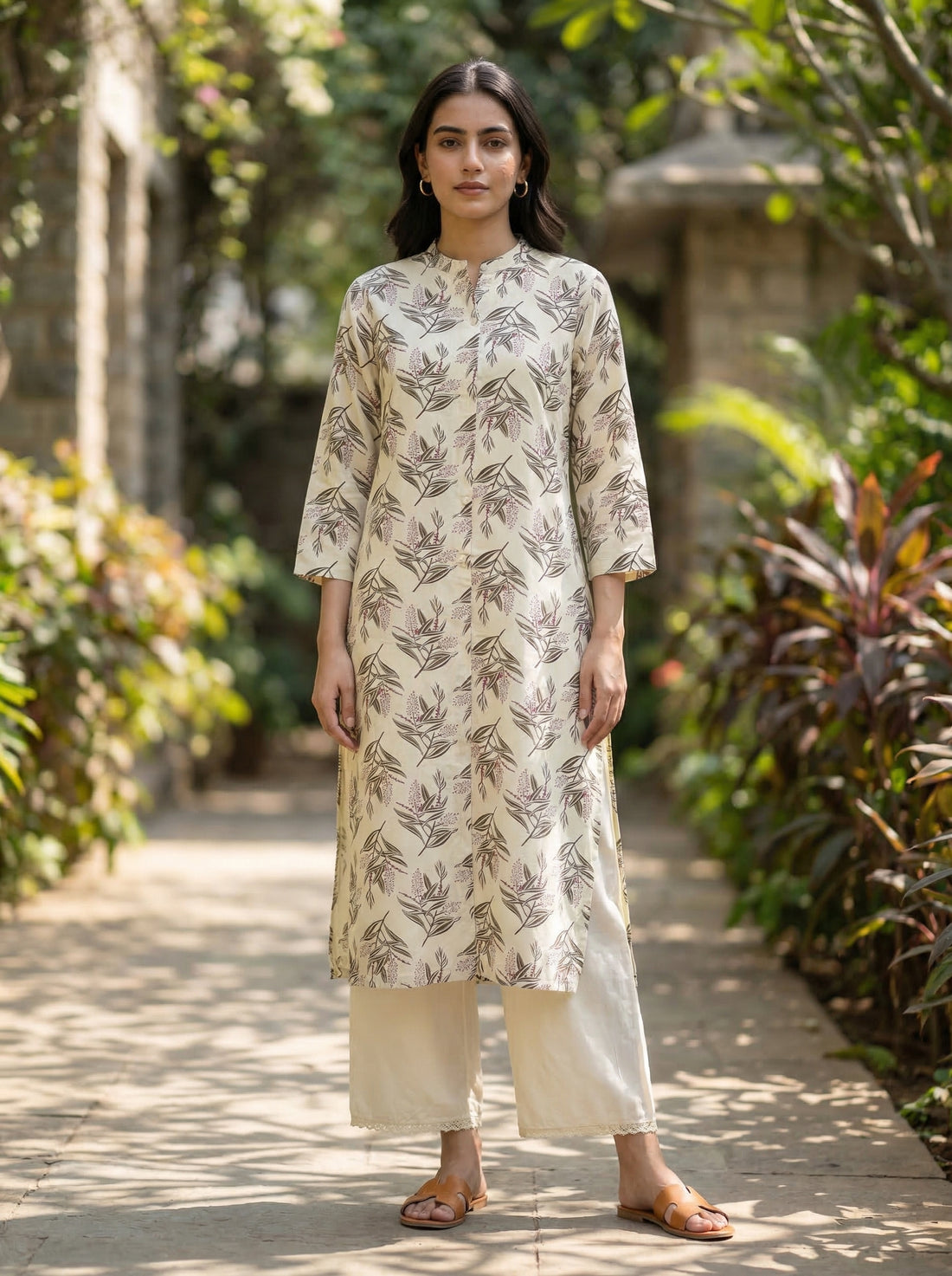 Lily Cream Viscose Kurta Set with Olive Leaf Print