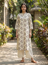 Lily Cream Viscose Kurta Set with Olive Leaf Print