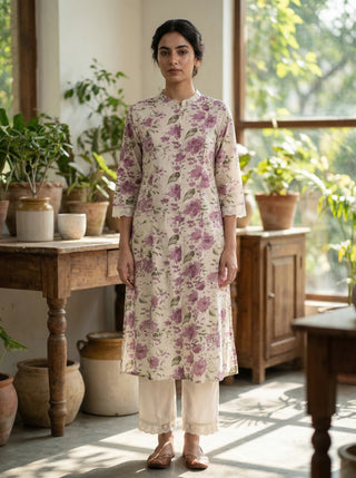 Lily Meadow Purple Floral Viscose Kurta Set with Elegant Lace Accents