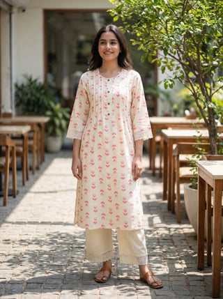 Lily Pink Printed Viscose Kurta Set with Abstract Buta Motifs and Lace Sleeve Detailing