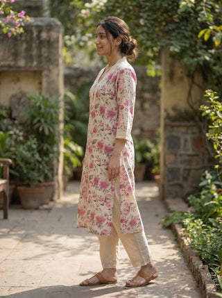 Pure Cotton Hazel Pink Floral Printed Kurta Set with Crochet Lace Detailing