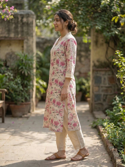 Pure Cotton Hazel Pink Floral Printed Kurta Set with Crochet Lace Detailing