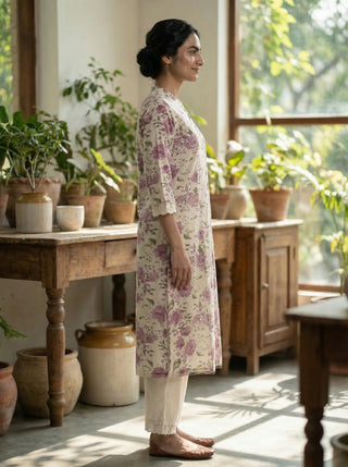 Lily Meadow Purple Floral Viscose Kurta Set with Elegant Lace Accents