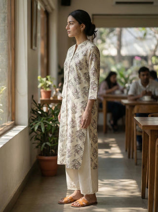 Lily Cream Viscose Kurta Set with Olive Leaf Print