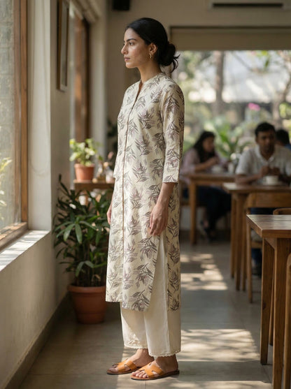 Lily Cream Viscose Kurta Set with Olive Leaf Print