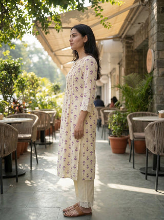 Lily Purple Printed Viscose Kurta Set with Abstract Buta Motifs and Lace Sleeve Detailing