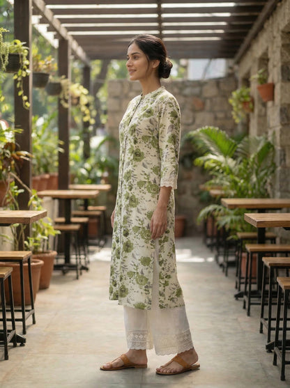 Lily Meadow Green Floral Viscose Kurta Set with Elegant Lace Accents