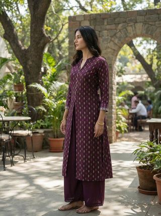 Lily Wine Printed Viscose Kurta Set with Leaf Buta Motifs and Embroidered Sleeve Border