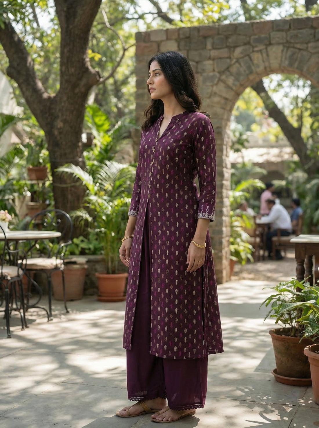 Lily Wine Printed Viscose Kurta Set with Leaf Buta Motifs and Embroidered Sleeve Border