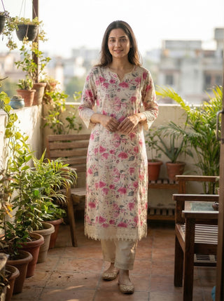 Hazel Pink Floral Printed Cotton Kurta Set with Crochet Lace Detailing