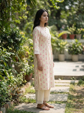 Lily Pink Printed Viscose Kurta Set with Abstract Buta Motifs and Lace Sleeve Detailing